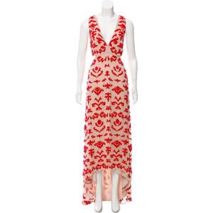 Alice & Olivia Embellished Beaded V-Neck Plunge Maxi Dress - M - Red Beige